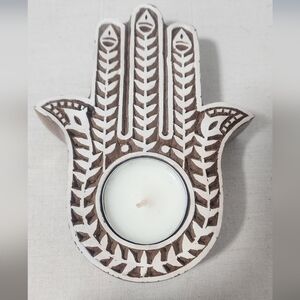 Handcrafted Hamsa Tealight Holder - White and Brown